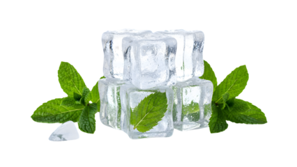 Stacked ice cubes with mint leaves on black background