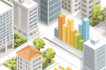 Isometric city view with statistical chart