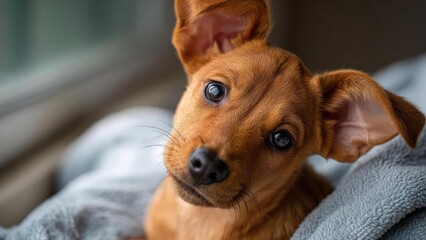 A small brown puppy with large ears rests on a soft gray blanket, looking up with curious, dark eyes. Concept Small brown puppy with big ears, Soft gray blanket backdrop