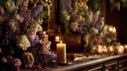 A single lit candle on a wooden altar, surrounded by lush pastel flowers and a row of flickering candles. Concept Candlelit altar portrait, Pastel floral arrangement, Rustic wooden altar styling