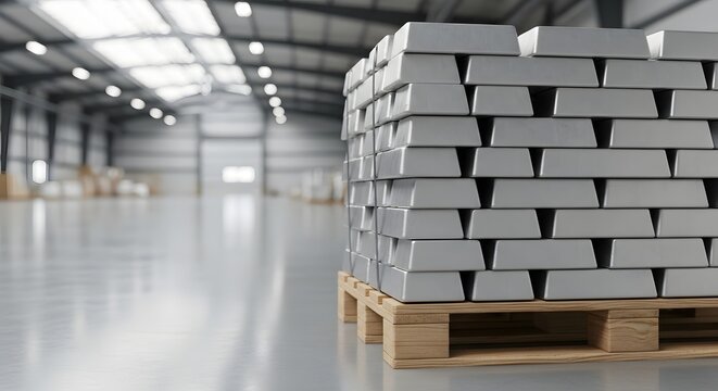 Aluminum ingots stacked neatly on wooden pallets in a large industrial warehouse for raw material storage and supply chain concept