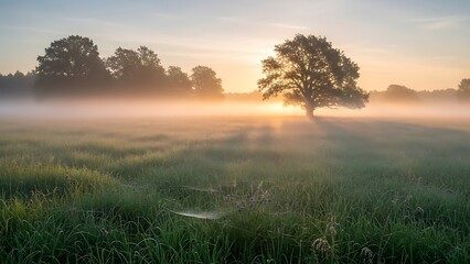 Obraz premium Golden Sunrise Mist Illuminates Grassy Field Silhouetting Majestic Oak Tree and Dewy Spiderweb.