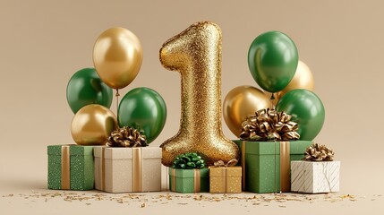Happy Birthday greeting card: gleaming golden “1” foil balloon crowned with satin ribbon, encircled by fresh emerald-green and metallic-gold latex balloons plus a luxuriously wrapped gift box