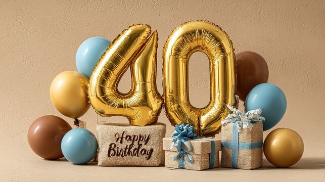 Happy Birthday greeting card: dazzling golden &ldquo;40&rdquo; foil balloon tied with satin ribbon, encircled by earthy brown, metallic golden and sapphire-blue latex balloons plus an elegantly wrapped gift box,