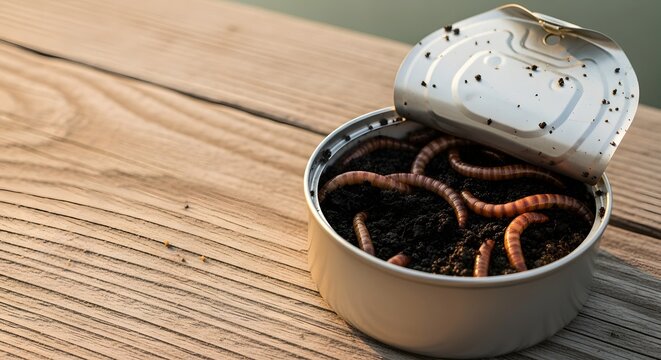 An open can of fishing bait, filled with wriggling worms on a rustic wooden surface, for an outdoor recreation and nature concept