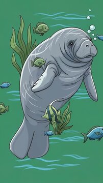 Pixel Art Manatee Swims With Fish Underwater Green Background