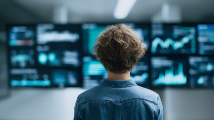 A person is seen in a high-tech control room, focused intently on a series of interactive displays and monitors filled with real-time data and graphs.