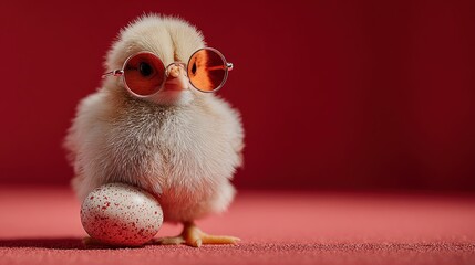 Happy Easter greeting card starring a cool, cute yellow chick rocking oversized sunglasses while proudly holding a brightly painted Easter egg, isolated on vibrant red background