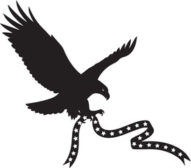 Fototapeta premium Silhouette of an eagle in flight holding a star spangled ribbon