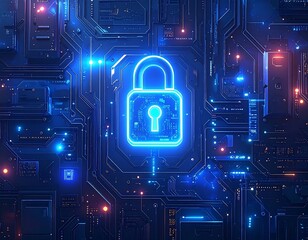 Glowing neon padlock graphic superimposed onto a circuit board design