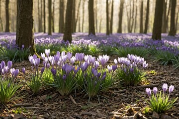 Magische Frühlingswiese: Krokusse in einem Waldboden bei Sonnenaufgang