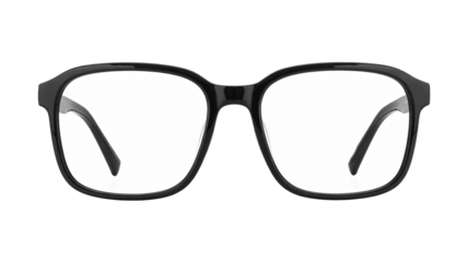 Black plastic eyeglasses with clear lenses on white background