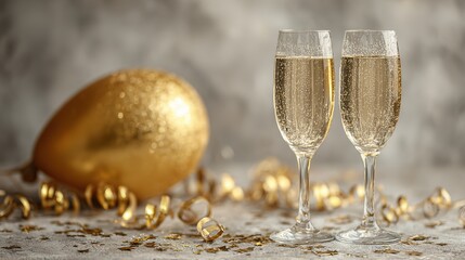 Happy New Year 2026 festive greeting card featuring a shimmering golden balloon shaped like the number &ldquo;2026&rdquo; rising between two crystal champagne glasses filled with sparkling bubbly