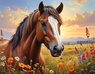 A majestic brown horse in a field of wildflowers at sunset