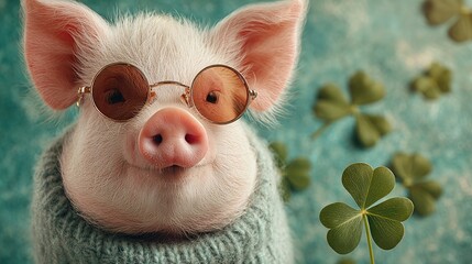 Happy New Year & Silvester greeting card featuring a cute pink pig wearing reflective sunglasses and holding a glowing four-leaf clover, isolated on fresh green background; playful symbol of 2026 luck