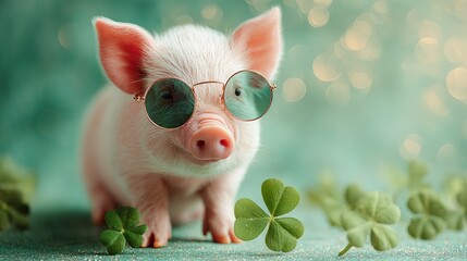 Happy New Year & Silvester greeting card featuring a cute pink pig wearing reflective sunglasses and holding a glowing four-leaf clover, isolated on fresh green background; playful symbol of 2026 luck
