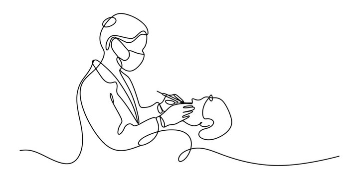Continuous line drawing of a dentist examining a patient in a medical setting Vector, illustration