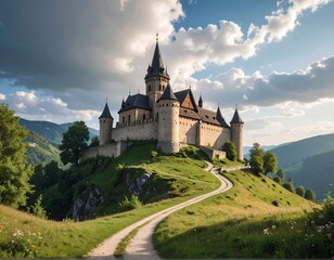 Obraz premium A majestic medieval fortress on a lush, rolling hillside, sunny day