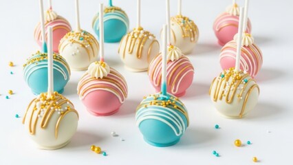 Colorful cake pops with white, pink, and blue frosting and gold sprinkles
