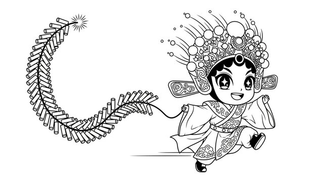 Celebratory chinese new year illustration with opera singer character and firecrackers artwork