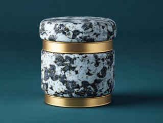 Cylinder, speckled stone, gold trim, turquoise background, studio shot, minimalist
