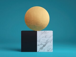 Gold sphere balanced atop a color-split cube against a teal background