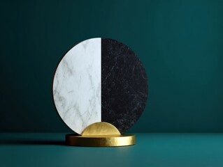 Geometric, circular marble art piece split vertically, on a gold base, against a dark teal backdrop