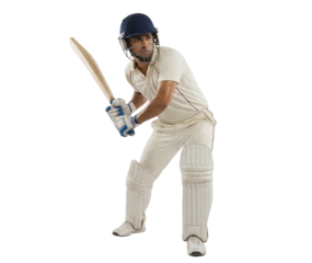 Male Cricket Player in Batting Stance Isolated on White Background