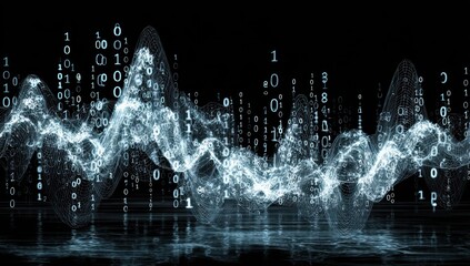 Abstract data visualization with digital binary code and wave-like formations