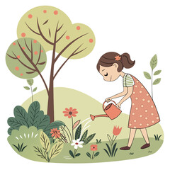 Young girl watering flowers in a garden under a tree  