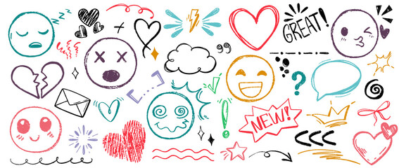 Colorful hand-drawn doodle set featuring various expressive emojis and graphic symbols