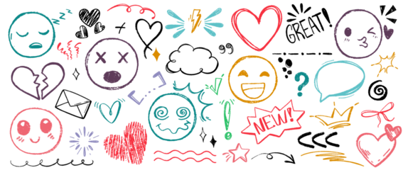 Colorful hand-drawn doodle set featuring various expressive emojis and graphic symbols
