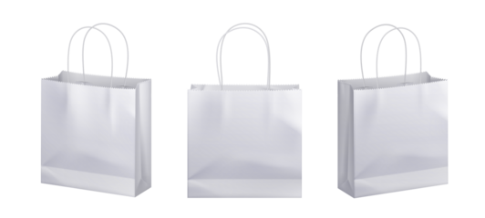 Three blank white paper shopping bags for branding and retail against a black background