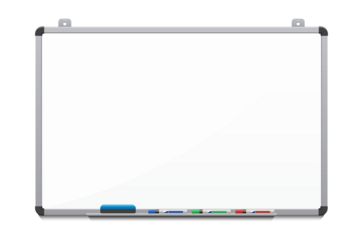 A clean, empty whiteboard ready for brainstorming with an eraser and colorful markers