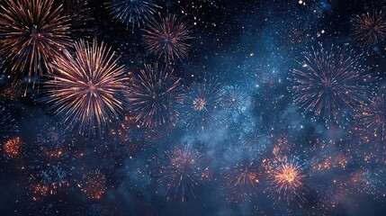 Fototapeta premium Silvester 2026 New Year’s Eve panoramic banner: brilliant multicolor fireworks bloom and streak across a rustic dark-blue night sky,