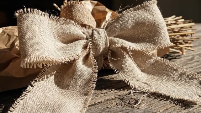 Rustic burlap bow on wrapped craft paper package resting on wooden surface representing natural gift wrap for Mothers day.