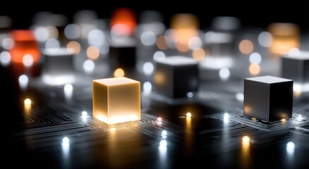 Illuminated cubes on a circuit board, with selective focus and vibrant highlights