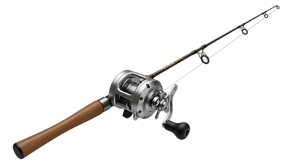 Fishing rod with spinning reel and line isolated on a transparent background fishing line wooden handle