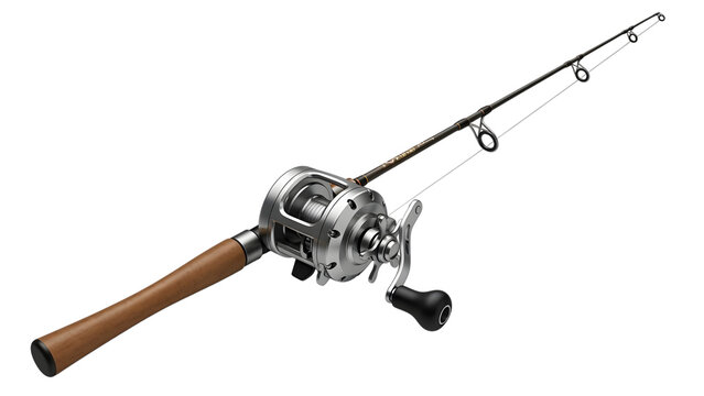Fishing rod with spinning reel and line isolated on a transparent background fishing line wooden handle