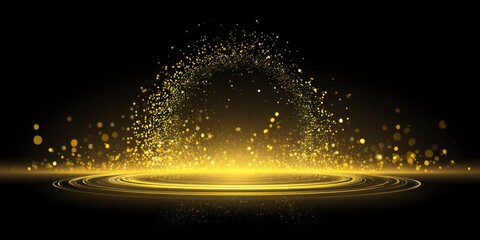 Golden particles arc over a glowing stage with concentric rings against a black backdrop