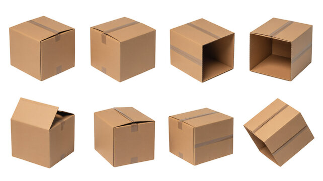 Eight brown cardboard boxes in various states on white background