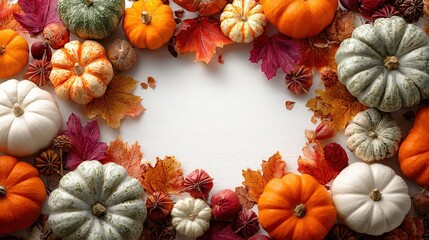 Vibrant autumn frame banner woven from fiery maple foliage, oak leaves in crimson, gold and rust, intertwined twigs and trailing vine branches encircling plump orange pumpkins