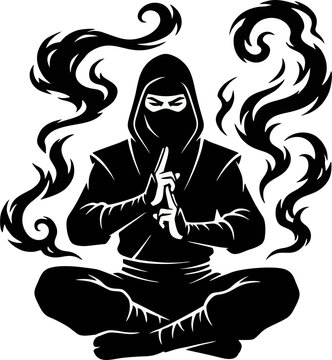 Ninja Meditation Hand Sign Silhouette. Mystical Ink Art Vector for Zen