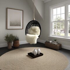 Interior with hanging chair, artwork, rug, window, and decorative items