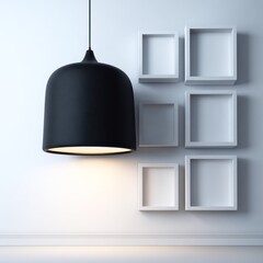 A modern interior featuring a black pendant light and white square wall shelves on a light wall