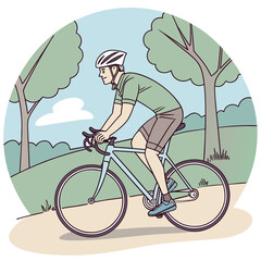 Man riding a bicycle on a path through a green park landscape  