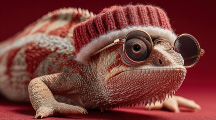 Merry Christmas illustration of a cool chameleon reptile rocking glittering sunglasses and a tilted fluffy Santa hat, its color-shifting skin morphing into festive red-and-green gradients