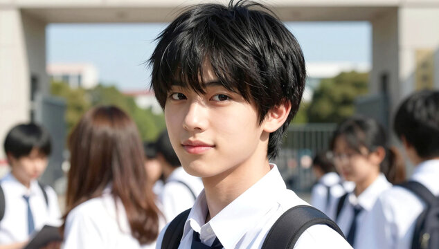 校門前で振り返る男子学生