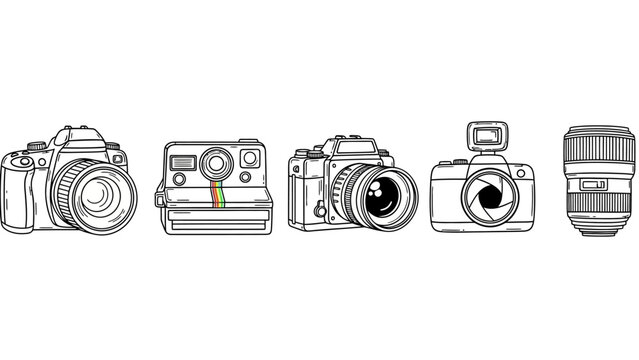 Hand drawn camera icon set showing dslr instant mirrorless compact camera and lens