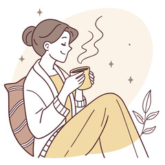 Young woman enjoying hot beverage while relaxing at home  